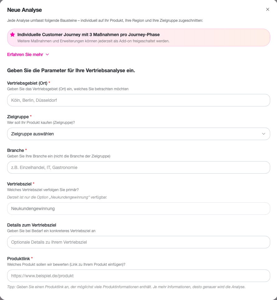 Neue Analyse anlegen – Formular